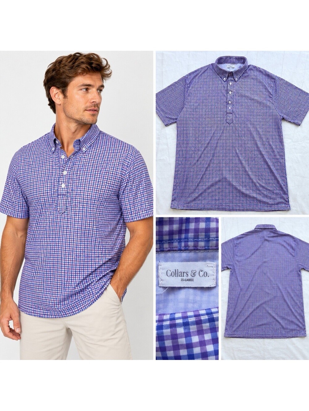 Collars & Co Polo Shirt Men’s XXL Purple Blue Gingham Button Down Collar 2XL